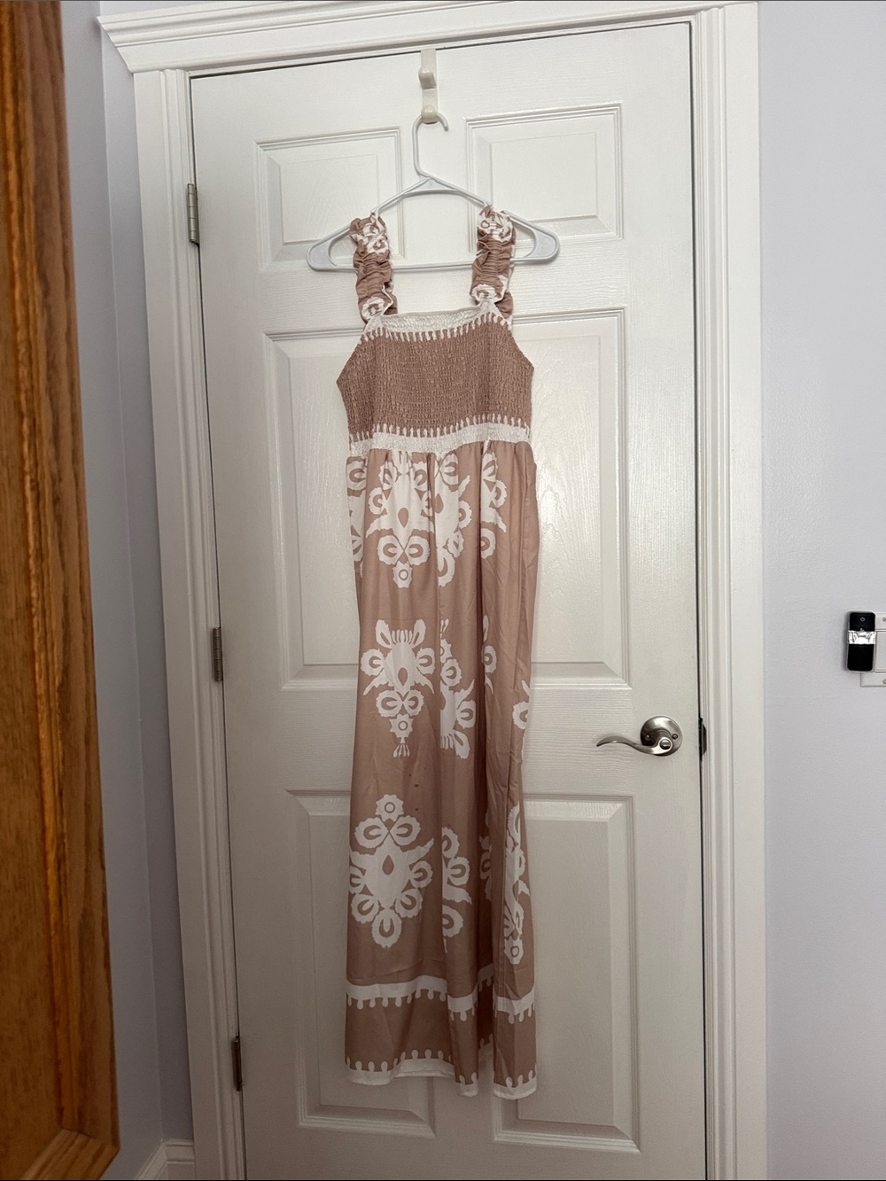 Women's Beige Floral Jumpsuit with Smocked Bodice